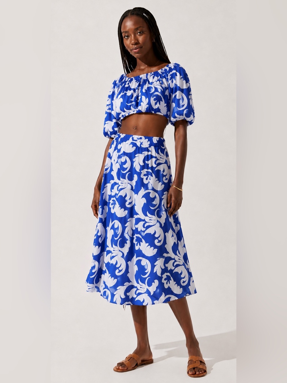 H&M NWT Blue & White Floral Midi Skirt + Crop Top 2 Piece Set Dress Women